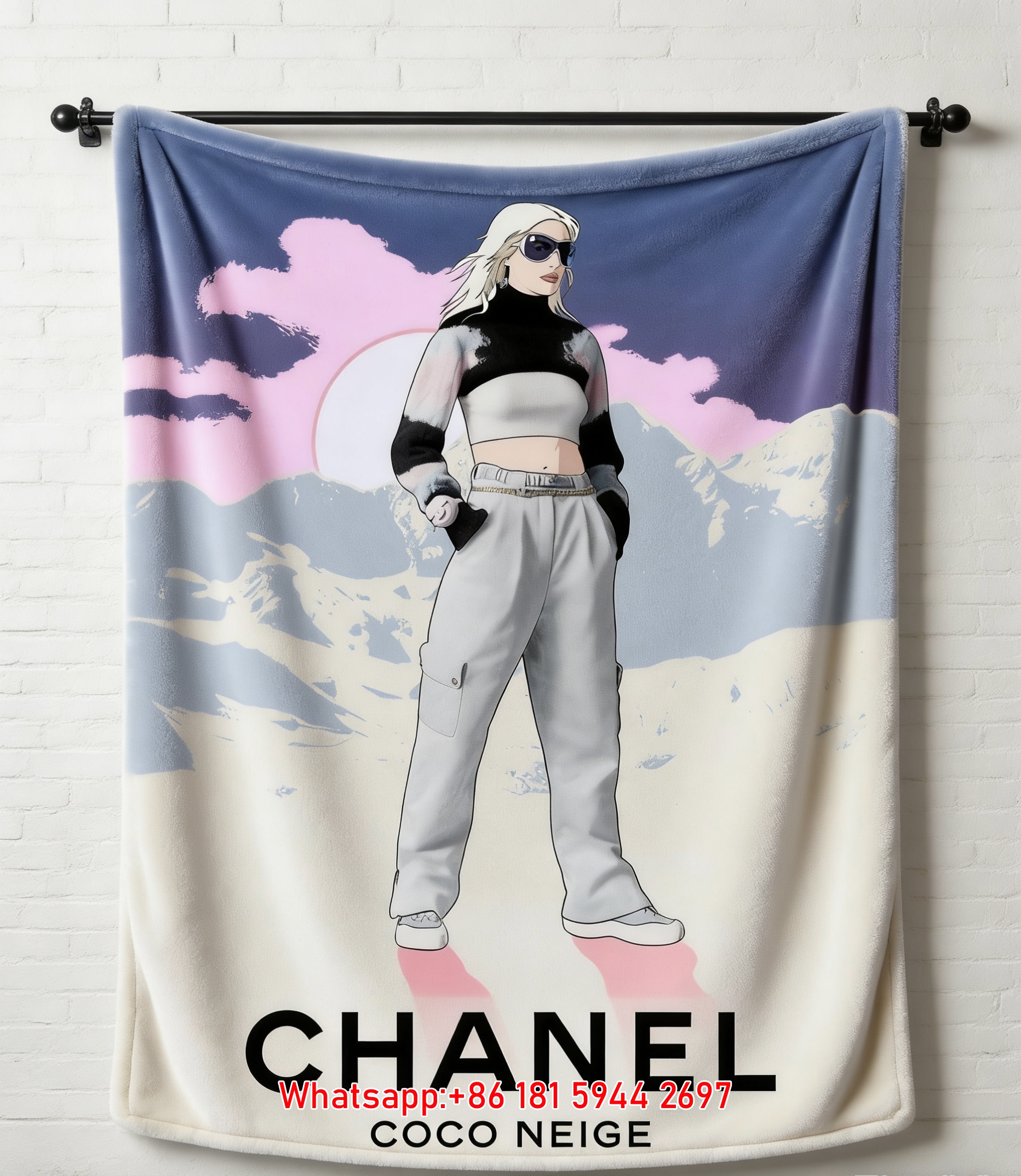 Luxury Chanel Coco Neige Flannel Throw Blanket  Pop Art Ski Girl Mountain Print IMG_7211